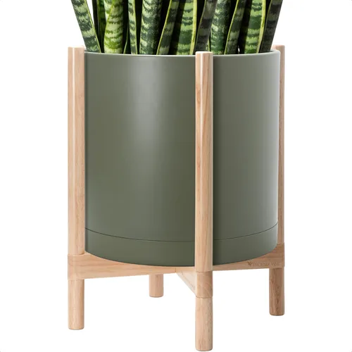 Vista 62 de Maceta de D'vine Dev con soporte - Maceta de flores de cilindro de plástico de 8.0 pulgadas con soporte de madera para interiores, maceta mate negra