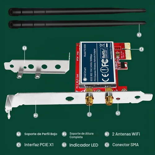 Vista 7 de Adaptador de red inalámbrico N 2.4GHz 300Mbps PCIE para Windows 11, 10, 8.1, 8, 7, XP (32/64bit), Windows Server y Linux PCs, tarjeta WiFi PCIE