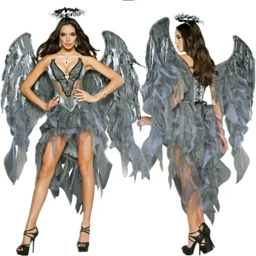 Vista 2 de MYYHMA Disfraz de ángel negro caído de Navidad con falda de alas (talla XL)