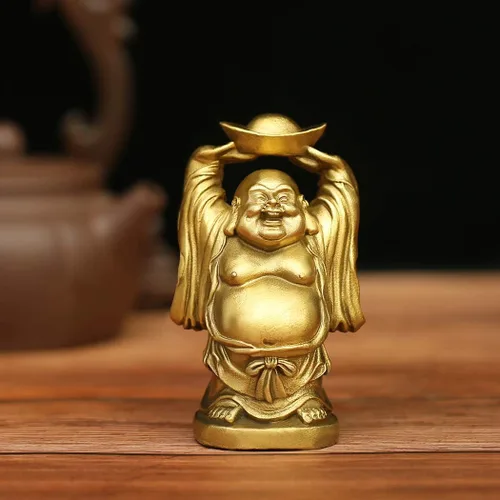 Vista 7 de BRASSTAR Adorno de latón Feng Shui Estatua de Buda riendo sosteniendo lingote bolsa de dinero para oficina en casa Figura decorativa Atrae riqueza