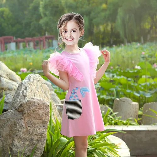 Vista 3 de Sunny Fashion Girls Dress Blue T-Shirt Pocket Embroidery Butterfly Tulle Flutter Sleeve