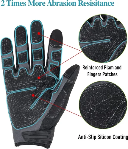 Vista 2 de HANDLANDY Guantes de trabajo para hombre, pantalla táctil, guantes de mecánico, ajuste flexible y transpirable, nudillos y palma acolchados