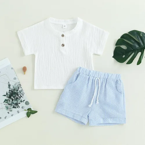 Vista 23 de fhutpw Conjunto de 2 piezas de ropa de verano para bebés, camiseta de manga corta, cintura elástica, pantalones cortos para niños pequeños