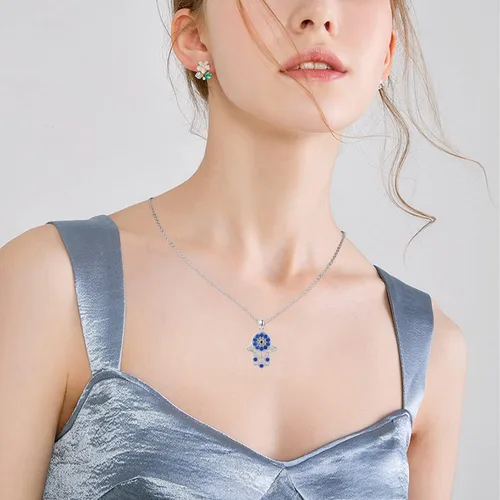 Vista 4 de Evil Eye Necklace for Women 925 Sterling Silver Tree of Life Hamsa Pendant Necklace Amulet Jewelry Gifts for Teen Girls