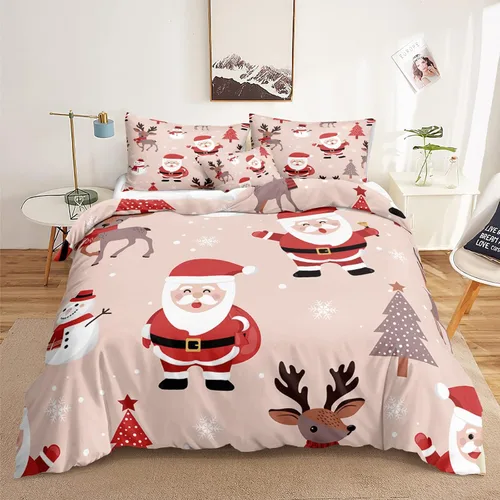Vista 17 de Juego de ropa de cama de Navidad con funda de edredón de copos de nieve, color blanco y rojo, con estampado navideño, juego de ropa de cama festiva