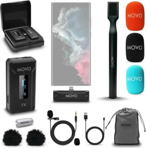 Vista 8 de Movo WMX-2 Micrófono de solapa inalámbrico Lavalier con estuche de carga y adaptador de mano WMX-HM - Micrófono Lav, micrófono de solapa de 2.4 GHz