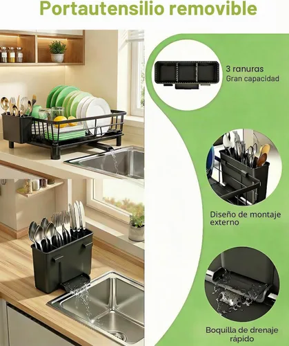 Vista 4 de Escurridor de platos para encimera de cocina, escurridor de acero inoxidable con soporte desmontable para cubiertos, sistema de drenaje automático
