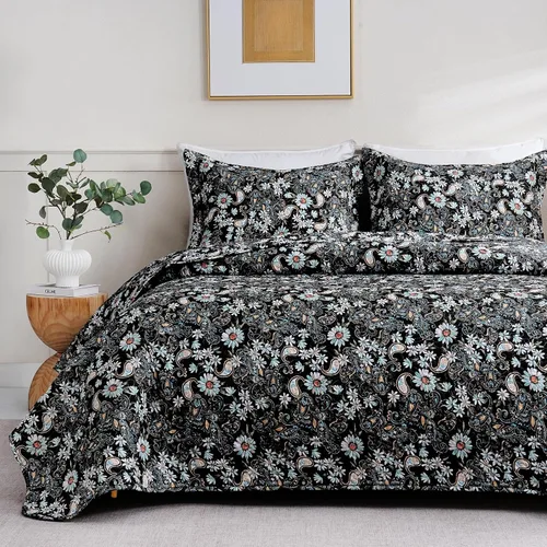 Vista 7 de JSD Juego de edredón floral paisley negro, tamaño twin, 2 piezas de cubrecamas estampadas con funda de almohada, manta acolchada de microfibra suave