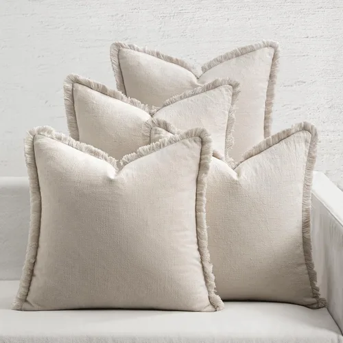 Vista 10 de MIULEE Juego de 4 fundas de almohada decorativas de lino neutro con flecos, fundas de almohada modernas y rústicas para cama, sofá, sala de estar