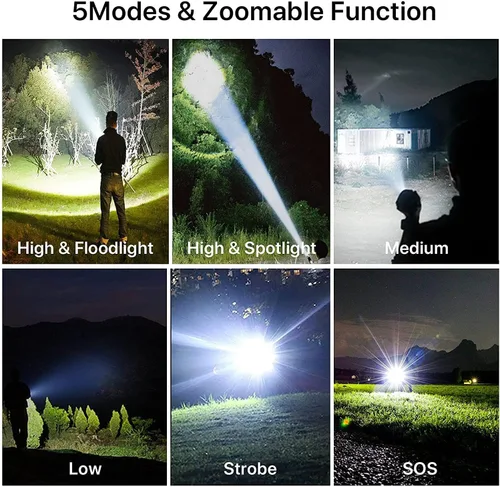 Vista 3 de BERCOL Linternas recargables de alto lúmenes, 90000 lúmenes, luz LED súper brillante, 5 modos, luz de flash de mano impermeable IPX5 para el hogar
