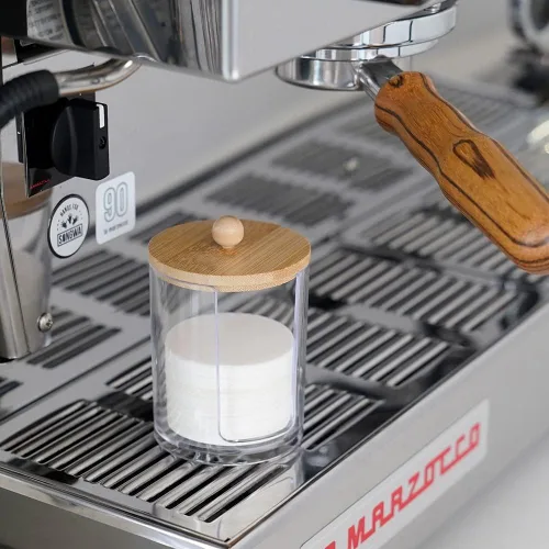 Vista 7 de watchget Soporte de filtro de papel espresso con tapa, dispensador de filtro de café acrílico compatible con filtros de papel redondos de 2.008