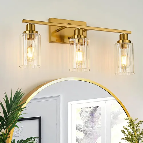 Vista 10 de Jonsi Accesorios de iluminación de baño dorados, 2 luces de tocador de oro cepillado con pantalla de vidrio estriada, luces modernas sobre espejo
