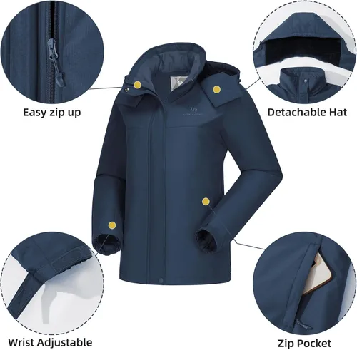 Vista 5 de CAMEL CROWN Chaqueta de esquí para mujer, abrigo de nieve de invierno grueso, forro polar cálido, impermeable, chaqueta femenina con capucha