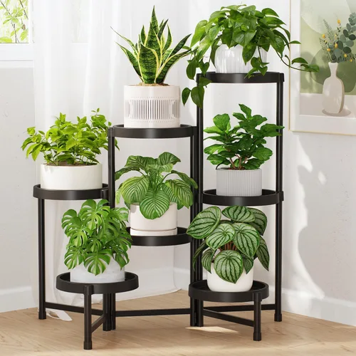 Vista 19 de LASZOLA Soporte plegable de 3 niveles para plantas de interior para múltiples macetas grandes, estante ajustable alto y resistente con estantería