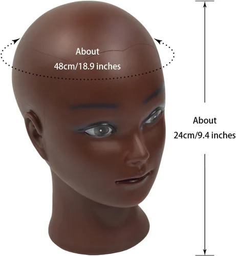 Vista 2 de Cabeza de maniquí calvo profesional de cosmetología para hacer pelucas, exhibir pelucas, anteojos con pasadores en T (marrón y rojo, 18.9 pulgadas)