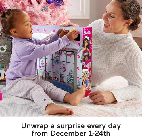 Vista 3 de Fisher-Price Little People Barbie Calendario de Adviento y juego para niños pequeños, 24 figuras de Navidad y piezas de juego (exclusivo de Amazon)