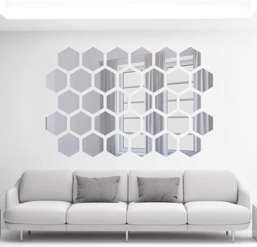 Vista 5 de 24 calcomanías de pared de espejo hexagonal, acrílico extraíble, calcomanía de peine de miel para sala de estar, dormitorio, decoración del hogar