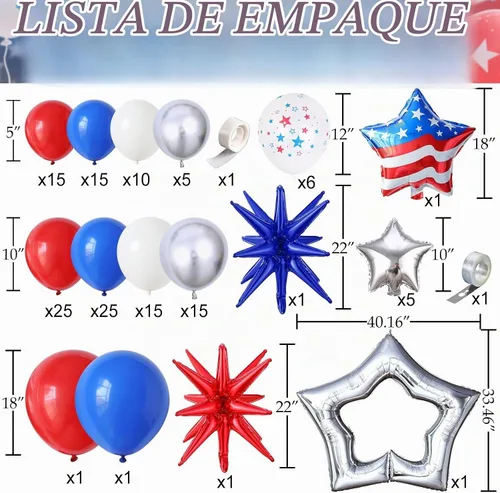 Vista 2 de Kit de arco de guirnalda de globos para el Día de la Independencia de 147 piezas, color rojo, blanco y azul, con estrella en explosión, globos