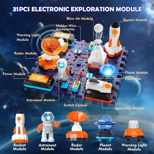 Vista 5 de VATOS Kits de circuito de ciencia espacial para niños – Kit STEM de exploración electrónica de 31 piezas con más de 100 proyectos, lanzacohetes