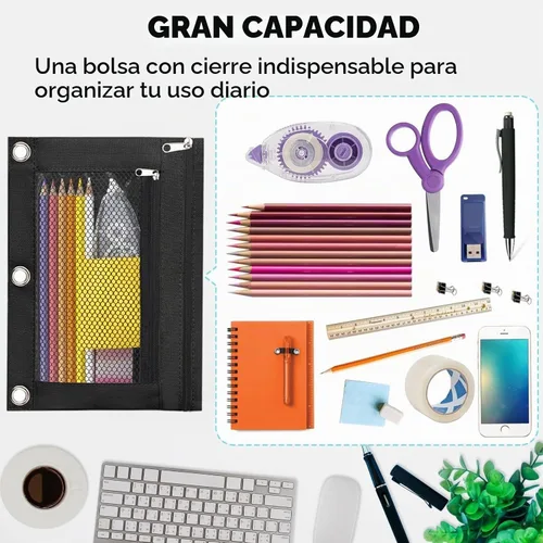 Vista 5 de Estuche para lápices con 3 anillas, con cremallera, estuche para cosméticos, paquete de 2
