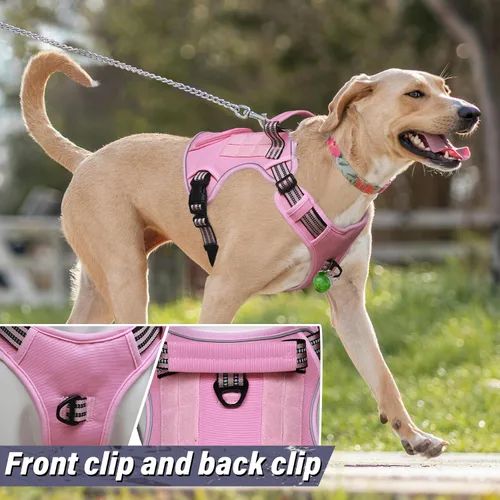Vista 4 de Arnés táctico para perros grandes, chaleco de servicio militar resistente sin tirones con asa de control y 4 parches, arnés ajustable reflectante
