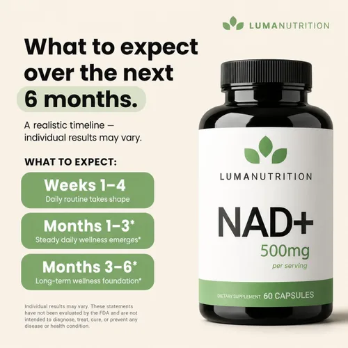 Vista 5 de Luma Nutrition Suplemento NAD+ de 500 mg por porción (250 mg por cápsula) – Envejecimiento más energía, metabolismo y apoyo celular – Suplementos