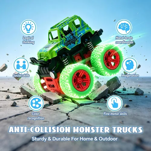 Vista 7 de Camión monstruo para niños de 3, 4, 5, 6, 7 años, paquete de 4 juguetes de automóvil impulsados por fricción Push and Go, juego de vehículos