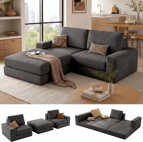 Vista 10 de Sofá seccional modular, 120.47" Sofá seccional moderno en forma de nube con chaise en L, cómodo sofá mullido de corduroy con asiento profundo, sofás
