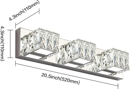 Vista 7 de Lámpara LED de baño – Moderna lámpara de tocador de cristal de 3 luces – Lámpara de pared cromada para baño 5CCT regulable