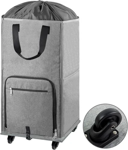 Vista 9 de Bukere Cesta de lavandería grande con ruedas, 4 ruedas y 2 asas, bolsa de lavandería con ruedas plegable independiente para ropa, apartamento Azul