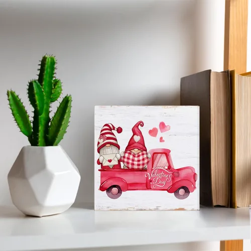 Vista 6 de Decoración de San Valentín, decoración del día de San Valentín, gnomos de San Valentín, camión, letrero de madera, decoración del hogar