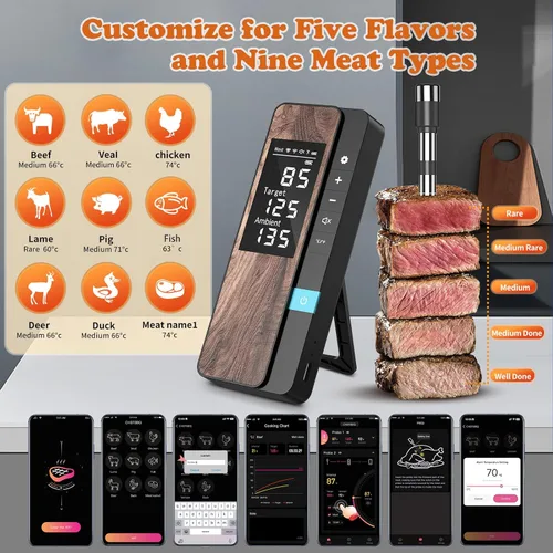 Vista 4 de Termómetro Inalámbrico para Carne - Termómetro Digital para Alimentos con Múltiples Sensores con Sonda Ultra-Delgada, Termómetro Inteligente