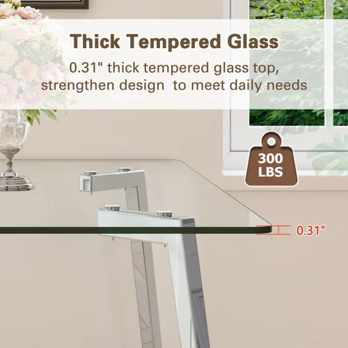 Vista 4 de Juego de mesa de comedor de cristal para 4, mesa rectangular con 4 sillas de cocina de cuero blanco, juego de comedor de cocina de 51 pulgadas, mesa