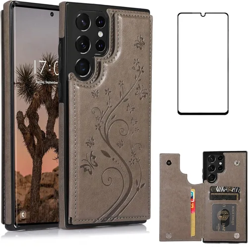Vista 8 de Asuwish Funda para Samsung Galaxy S22 Ultra con protector de pantalla de vidrio templado, funda de cuero con soporte para tarjetas, doble cierre