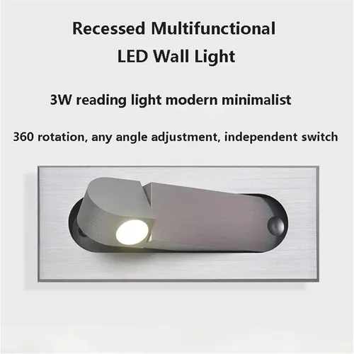 Vista 4 de Lámpara de pared LED empotrable, moderno aplique de pared ajustable con interruptor independiente, luz de lectura de cabecera de 3 W, luces