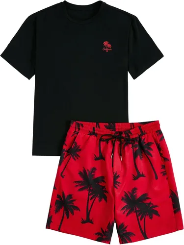 Vista 24 de GORGLITTER Conjunto de 2 piezas de camiseta gráfica de manga corta para hombre, estampado hawaiano con cordón y pantalones cortos