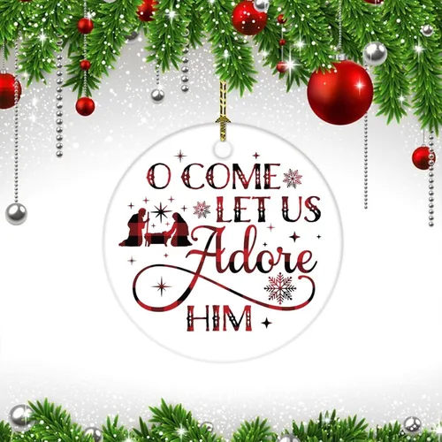 Vista 3 de Adorno de Navidad para el nacimiento de Jesús, elegante adorno de cerámica para colgar de Navidad O Come Let Us Adore Him rojo y negro, adorno