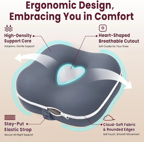Vista 5 de Almohada de rodilla de espuma viscoelástica para dormir de lado, almohada de apoyo con diseño de recorte de corazón y correa ajustable, almohada