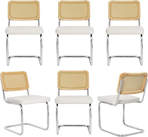 Vista 22 de Juego de 2 sillas de comedor de terciopelo con respaldo de ratán, diseño moderno Breuer con base cromada inoxidable sin brazos tapizada para Beige