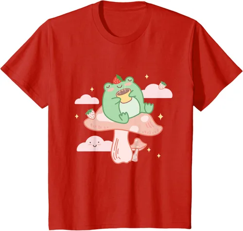 Vista 3 de Kawaii Strawberry Frog On Mushroom - Camiseta de manga corta de anime, Azul / Patchwork, S Azul Pastel