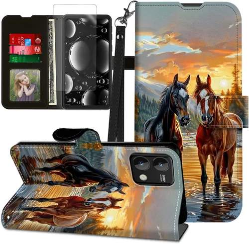 Vista 49 de Funda para Motorola Edge 2022 con protector de pantalla, soporte y tarjetero y correa para la muñeca, funda magnética para Moto Edge 2022 5G UW Lobo