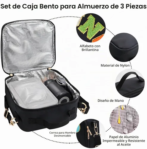 Vista 2 de Bolsa de almuerzo aislada para niños y niñas con termo de 10 onzas, con caja Bento de 6 compartimentos, lonchera de nailon negro preppy con correa