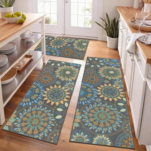 Vista 13 de Bsmathom Conjunto de Alfombras de Cocina Boho 3 Piezas, Alfombra de Cocina Antideslizante de Estilo Granja, Alfombras de Cocina Lavables