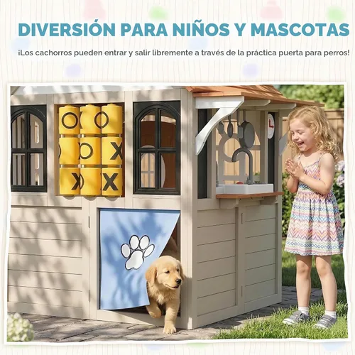 Vista 6 de Qaba Casa de juegos al aire libre de madera para niños con puerta de perro