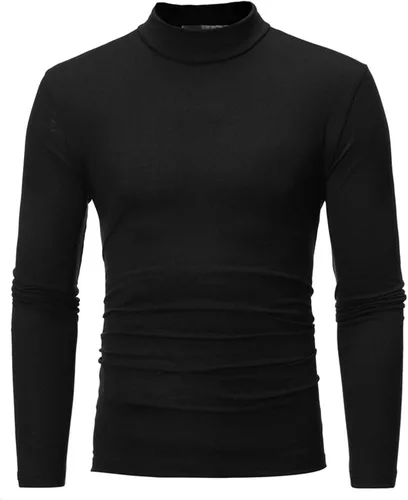 Vista 2 de Camisetas negras para hombre 2023 de manga larga cuello alto cálido suéter casual suave cómodo sólido Mock Pullover Undershirt