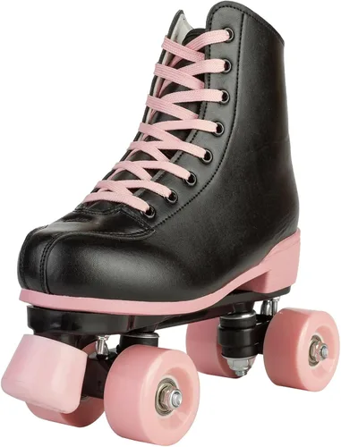 Vista 7 de YYW Patines de ruedas para mujeres y niñas, patines de derby de luces, patines de cuero sintético de doble fila, patines negros y rosas