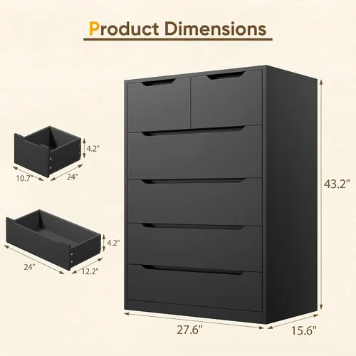 Vista 2 de Romorgniz - Cómoda negra para dormitorio con 6 cajones de madera, sin mango, 43.2 pulgadas de alto Modern Solid Chests of Drawer for Living Room