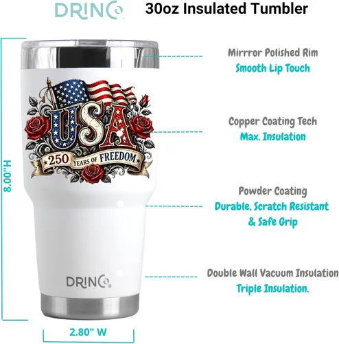 Vista 3 de DRINCO Botella de agua de acero inoxidable con tapa de boquilla, aislada al vacío, botella de agua de doble pared, bandera de Estados Unidos 30oz US