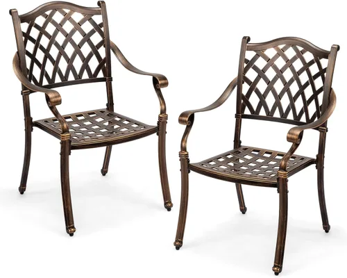 Vista 10 de VINGLI Juego de 2 sillas de patio apilables de aluminio fundido para exteriores con acabado negro vintage y patrón floral, sillones de metal