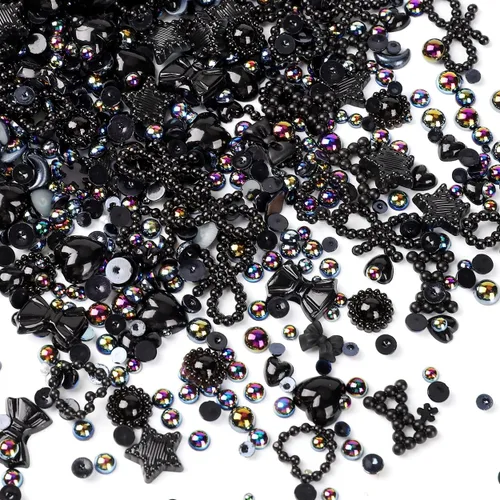 Vista 6 de 450 piezas de dijes de uñas de perlas 3D negras de múltiples formas, dijes de perlas planas de COOSLIM, corazones, moños, estilos mixtos, estrellas